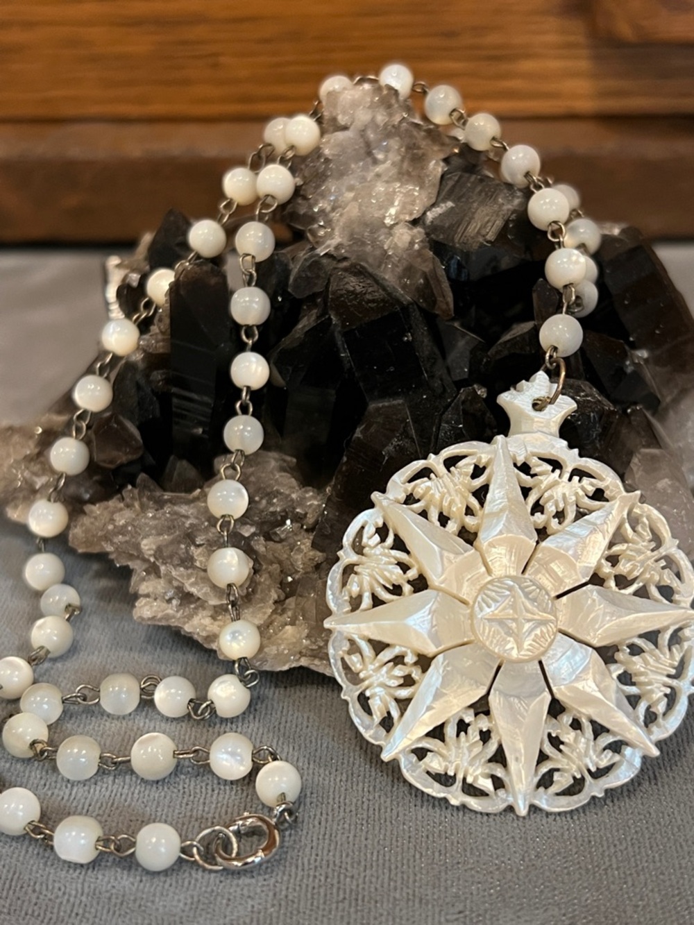 Vintage Mother of Pearl, Bethlehem Star necklace, Estate piece